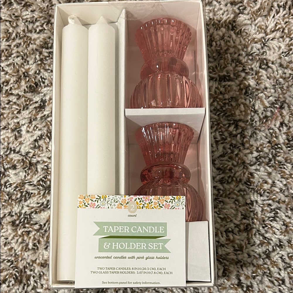 Elegant Pink Glass Candle Holder Set with White Taper Candles